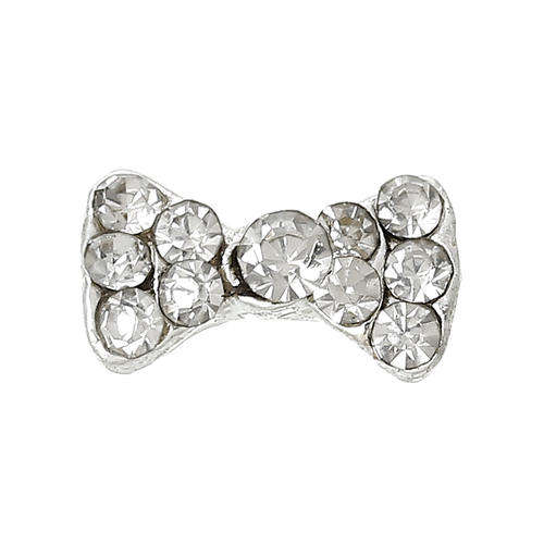 Nail Art Decoration - Bowknot - Silver Plated With Clear Rhinestones