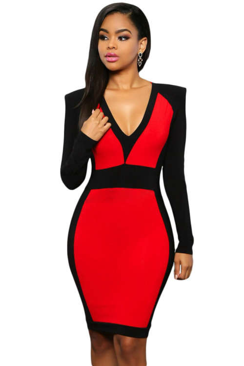STYLISH RED AND BLACK COLOUR BLOCK DESIGN LONG SLEEVE MIDI DRESS - S/M/L