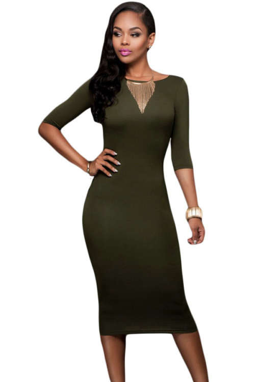 OLIVE GREEN TWO-WAY BODYCON MIDI DRESS - S/M/L