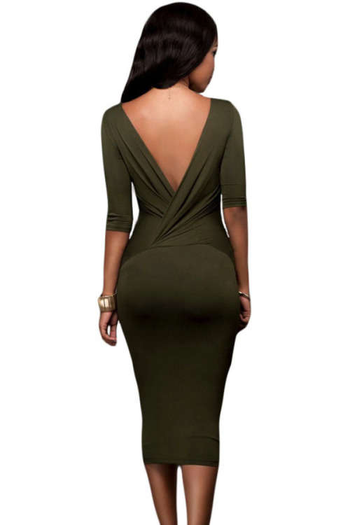 OLIVE GREEN TWO-WAY BODYCON MIDI DRESS - S/M/L