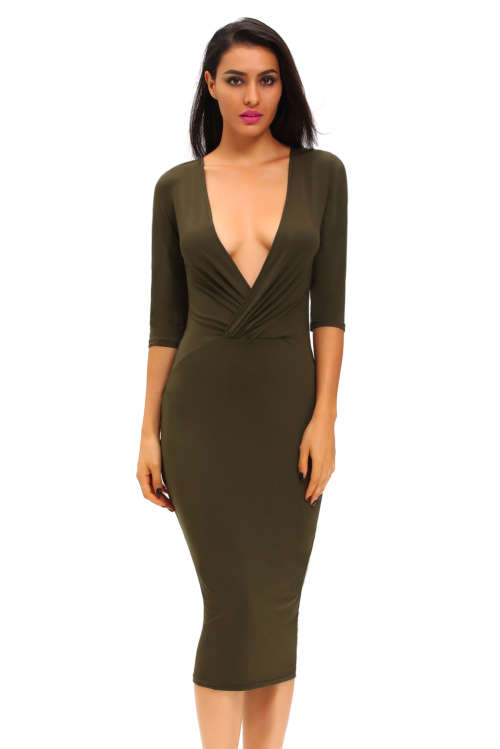 OLIVE GREEN TWO-WAY BODYCON MIDI DRESS - S/M/L
