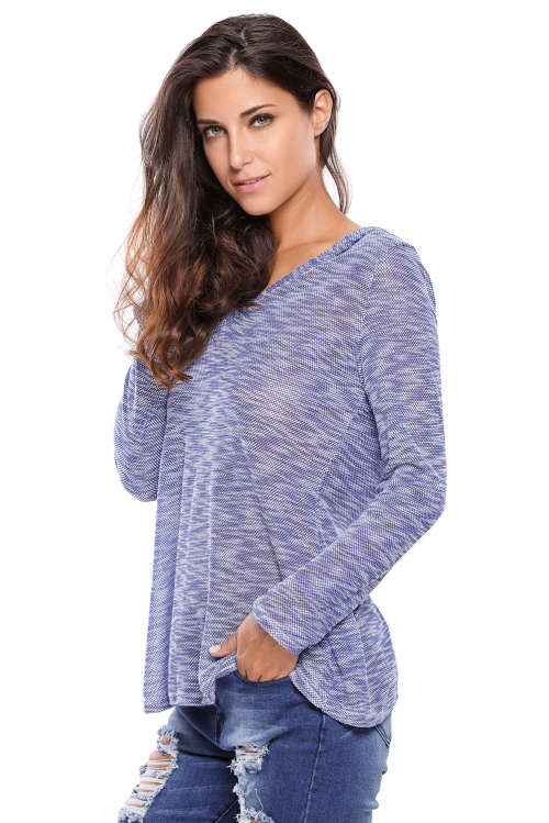 BLUE HOODED V-NECK LONG SLEEVE LOOSE KNITTED TOP - S/L