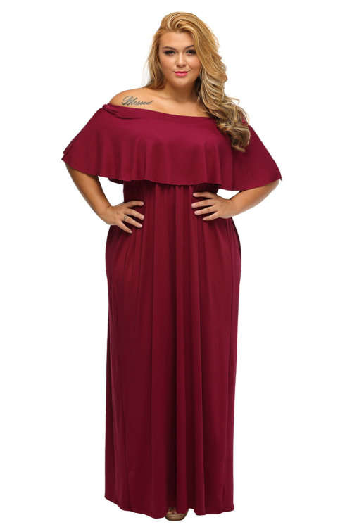 ***PLUS SIZE*** SEXY BURGUNDY OFF SHOULDER RUFFLE MAXI DRESS FORMAL EVENING WEAR - XL/3XL