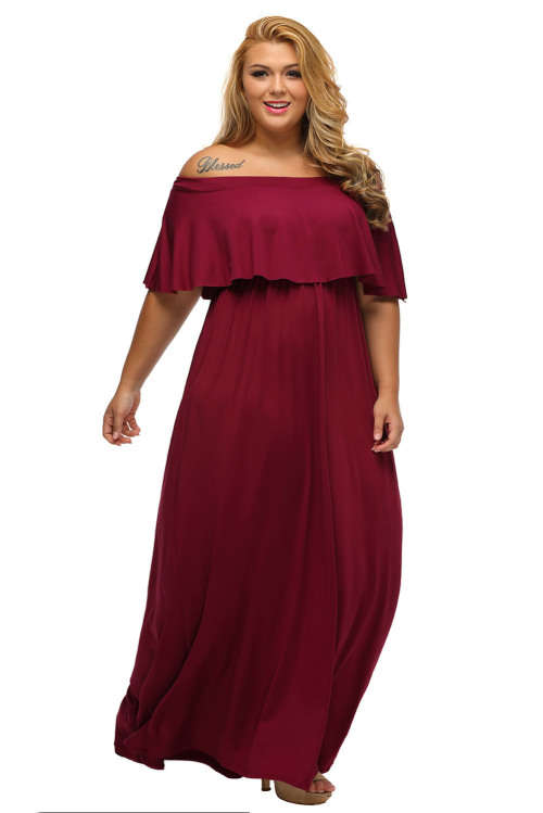 ***PLUS SIZE*** SEXY BURGUNDY OFF SHOULDER RUFFLE MAXI DRESS FORMAL EVENING WEAR - XL/3XL