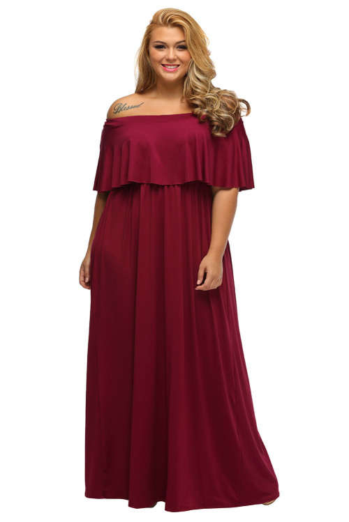 ***PLUS SIZE*** SEXY BURGUNDY OFF SHOULDER RUFFLE MAXI DRESS FORMAL EVENING WEAR - XL/3XL
