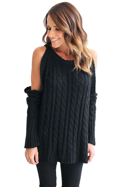 BLACK DARING COLD SHOULDER CABLE KNIT SWEATER - S/M