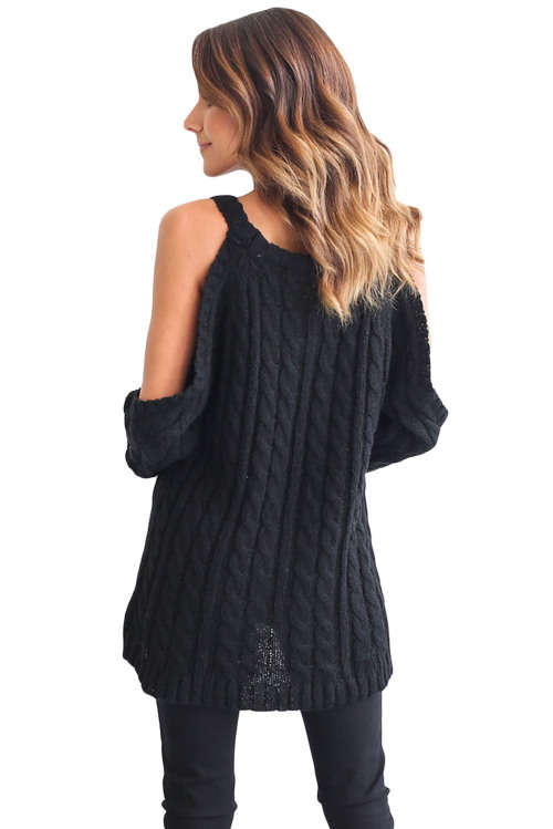 BLACK DARING COLD SHOULDER CABLE KNIT SWEATER - S/M