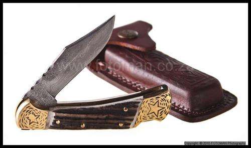DAMASCUS LOCKBACK STAG HANDLE STAR DESIGN FOLDING KNIFE