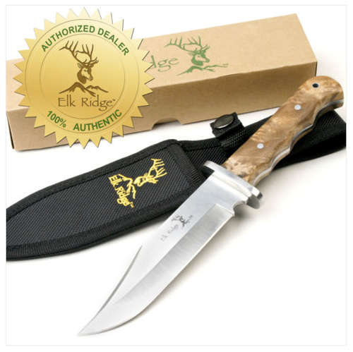 ELK RIDGE MAPLE BURL WOOD BOWIE HUNTER, HUNTING KNIFE