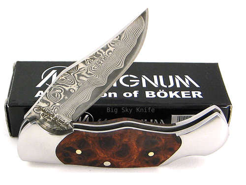BOKER Magnum Burl Wood Damascus Lady Lockback Knife