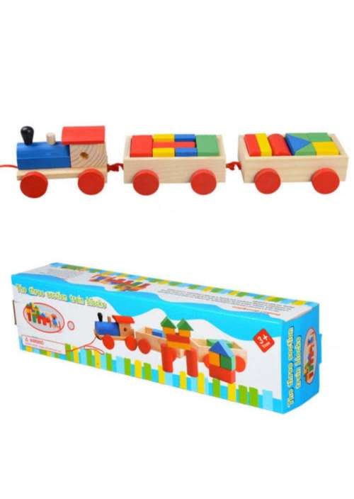 Colorful wooden blocks pull train