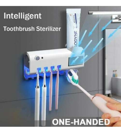 Sterilizing toothbrush holder and toothpaste dispensers