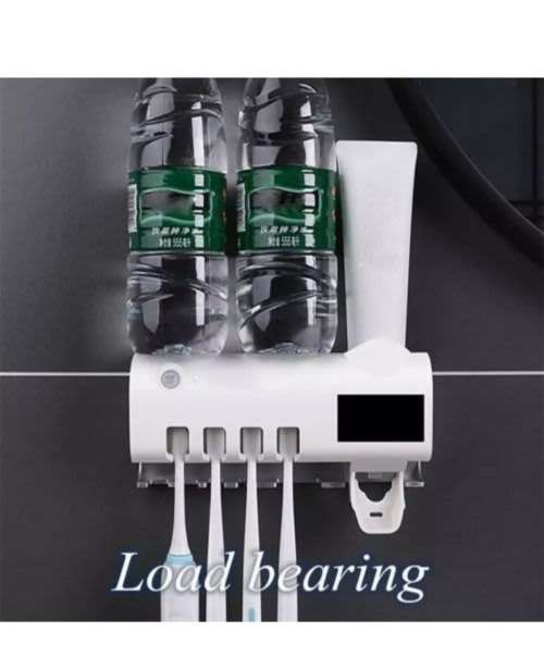 Sterilizing toothbrush holder and toothpaste dispensers