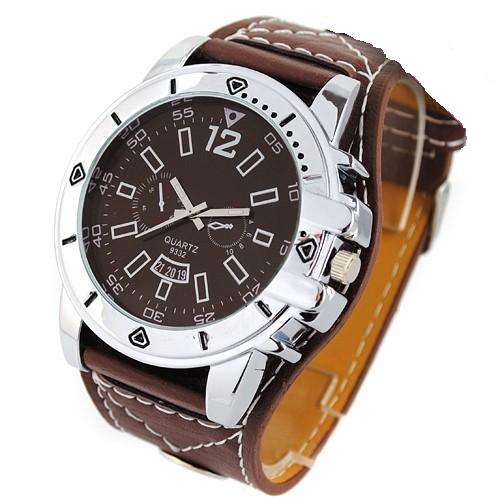 Large Dial, Brown Synthetic Leather Mens Watch