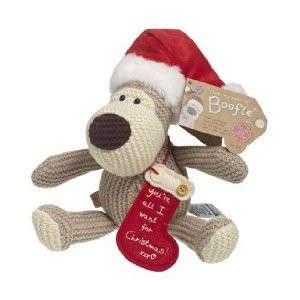 5" Sitting Boofle with red santa hat and red/cream " You're all i want for Christmas!" stocking tag