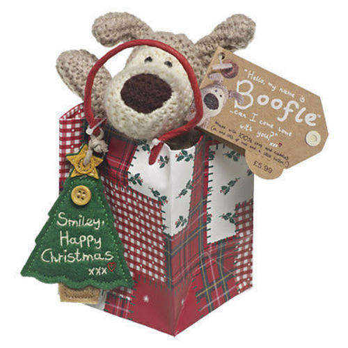 3" Sitting Boofle in paper bag with green "smiley, happy Christmas" tree tag on handle