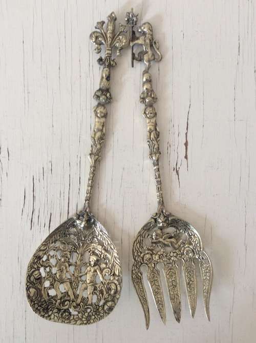 Antique Vintage Salad Servers Serving  Spoon & Fork  Italy Ornate Angel Cherub Italy