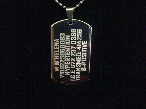 Army style stainless steel dog tag including personalized engraving.