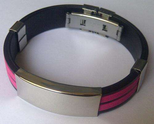 **STAINLESS STEEL AND PINK/BLACK  RUBBER BRACELET**14mm wide**NAME ENGRAVING OPTIONAL**