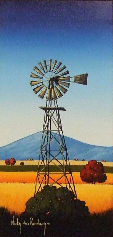Windmill.Original Painting by Nicky van Rensburg.600x200mm.