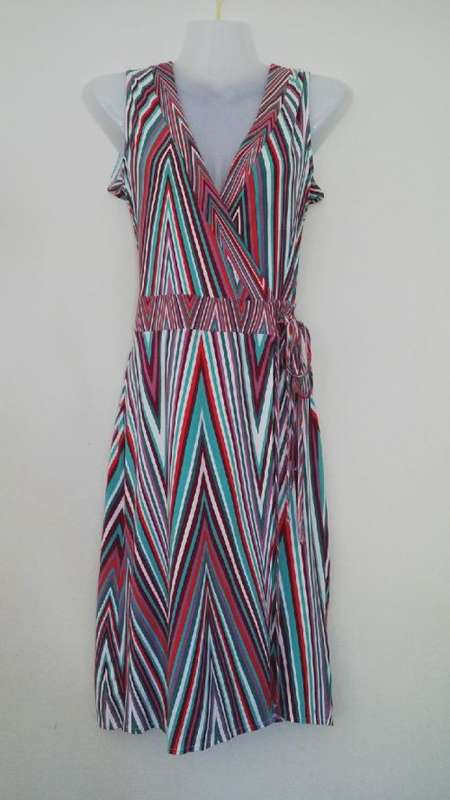 Vibrant Sleeveless Wraparound dress in Purple Pink and Green by Warehouse Size 8