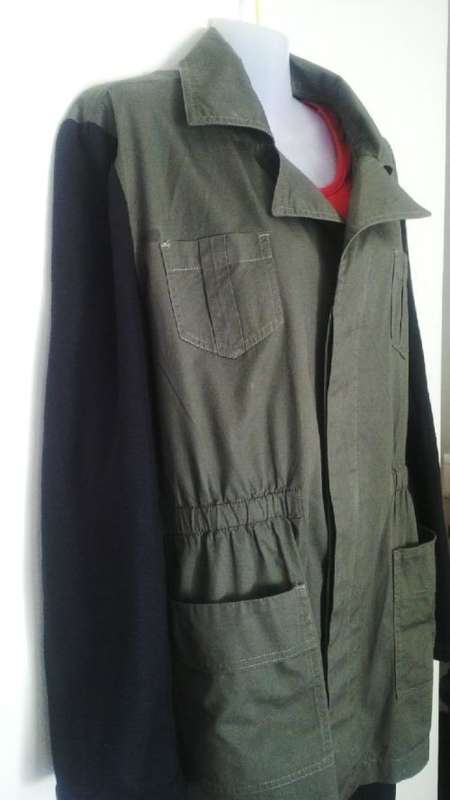 Military Green Coat with Black sleeves by Fashion Express Size 16