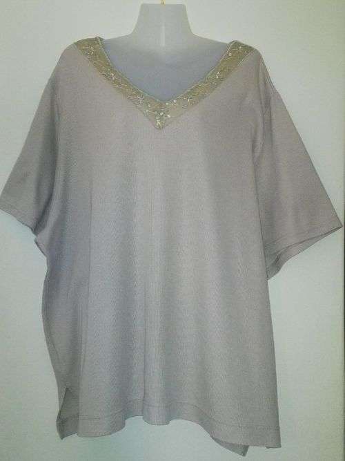 Beige T Shirt Top with Sequin and Embroidery Trim by Donna Claire XXL