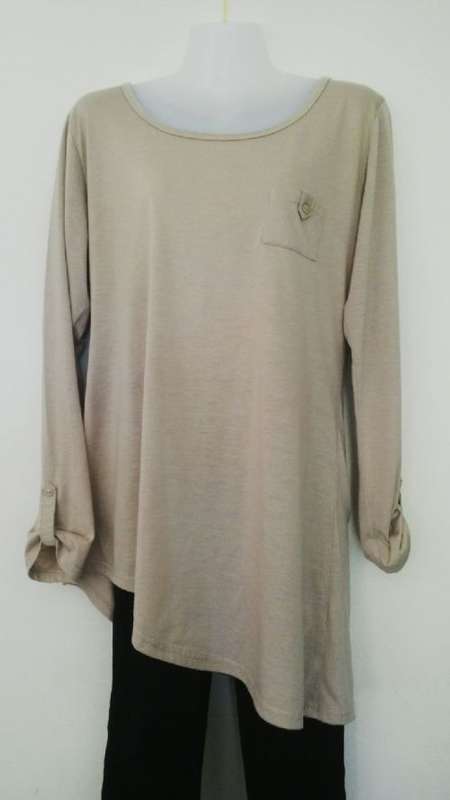 Beige Long sleeve Top with  Asymmetrical Hemline Size Large