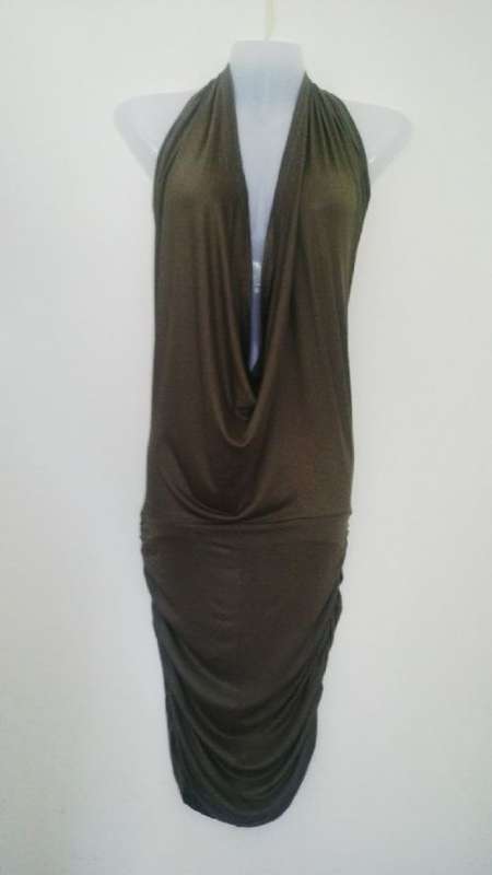 Stunning Olive Green Halter Neck Dress Plunging Neckline Size Small