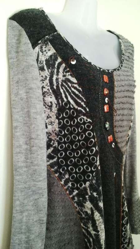 Funky Fine Knit Dress in Grey and Black with Animal Print,  Chains and buttons Size small