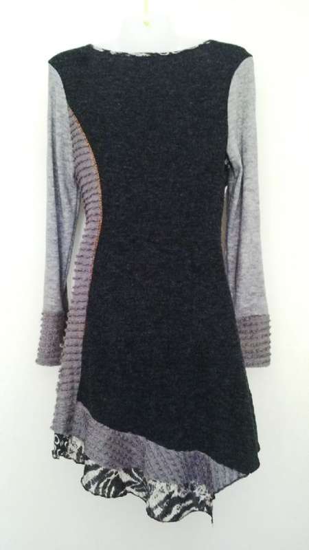 Funky Fine Knit Dress in Grey and Black with Animal Print,  Chains and buttons Size small