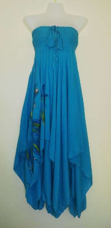 #Summer Lovely Blue Strapless Sundress with Painted Flower Motif Size Medium