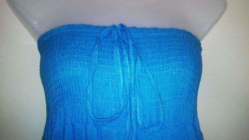 #Summer Lovely Blue Strapless Sundress with Painted Flower Motif Size Medium