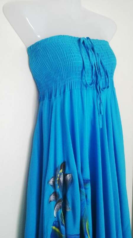 #Summer Lovely Blue Strapless Sundress with Painted Flower Motif Size Medium