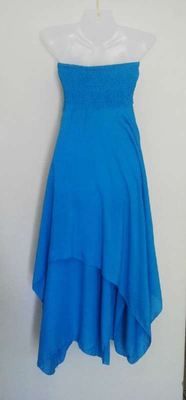 #Summer Lovely Blue Strapless Sundress with Painted Flower Motif Size Medium