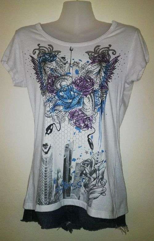 Cute White T shirt with sequin Motif by RT Size large