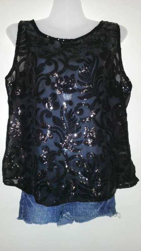 Sparkling Black Evening top with Sequined Front  Size Large Evening Wear, Party, Celebration