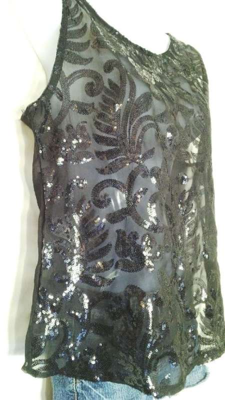 Sparkling Black Evening top with Sequined Front  Size Large Evening Wear, Party, Celebration