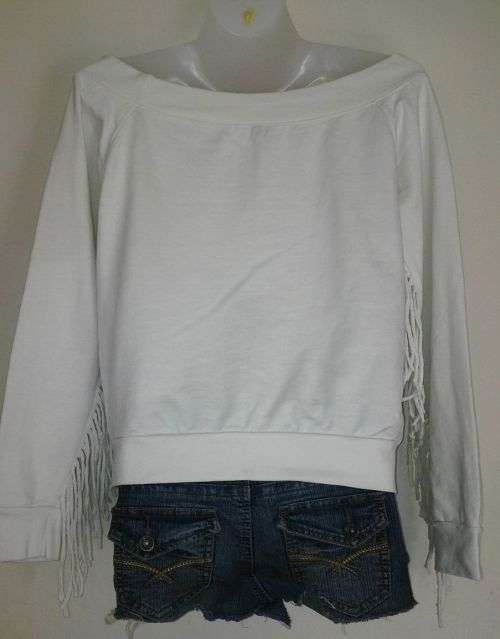 Cream Scooped Neck Sweatshirt with Fringe / Tassle Trim  Size Medium.  DIY Cowgirl Costume
