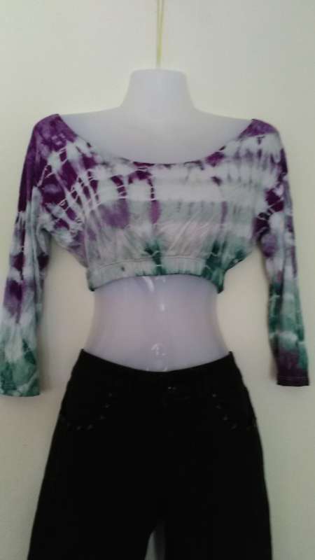 Purple  Tie Dye Crop Top with 3/4 sleeves  by Purple Daisy Clothing Size Medium