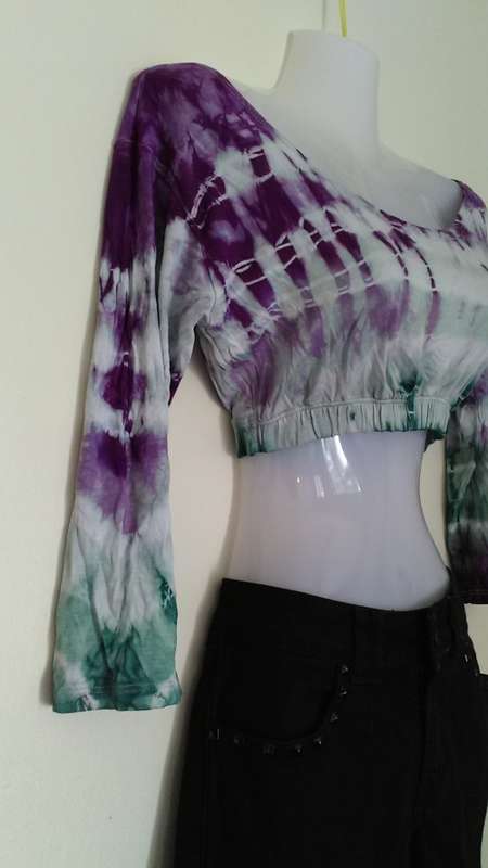 Purple  Tie Dye Crop Top with 3/4 sleeves  by Purple Daisy Clothing Size Medium