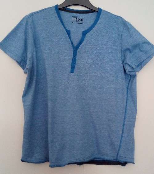 Mens Blue T shirt with Button detail on collar by Woolwirths Size Large Slim Fit