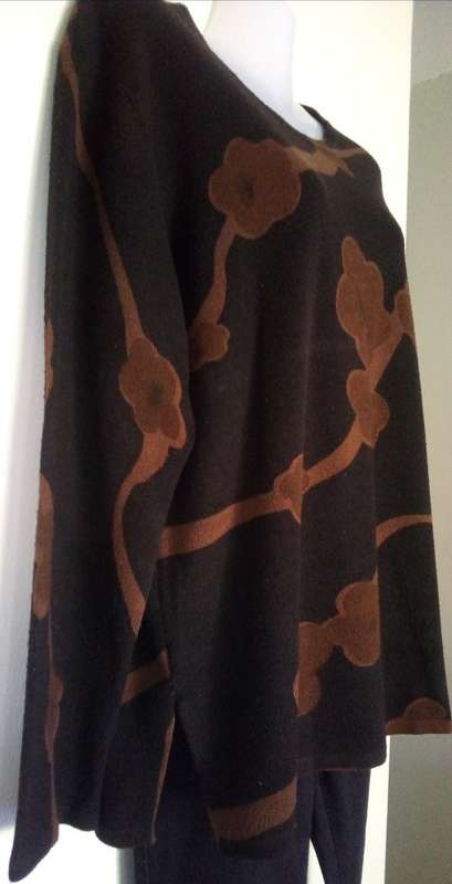 Classy Black Sweater with Brown Flower Motif Size Large