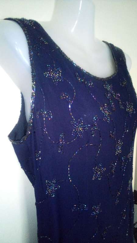 Womens Navy Party Dress with Beaded Flowers by Dorothy Perkins UK, Size 10