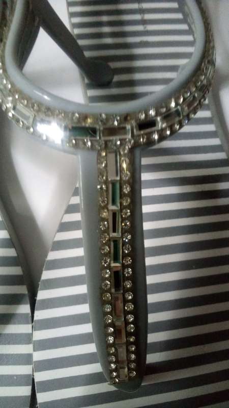 Grey striped Thong  T strap Sandals with diamante detail by Real Clothing size 8