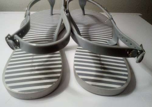 Grey striped Thong  T strap Sandals with diamante detail by Real Clothing size 8