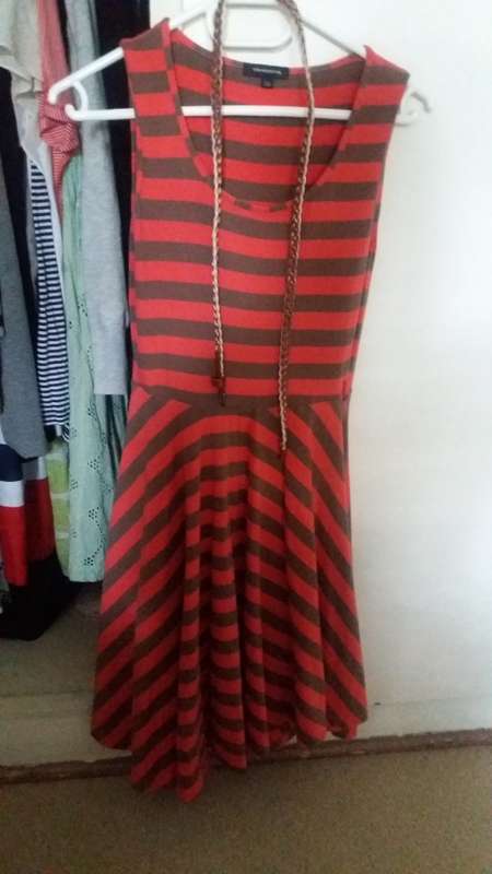 Beautiful truworths coral dress with stripe detail and belt. Excellent condition size 30