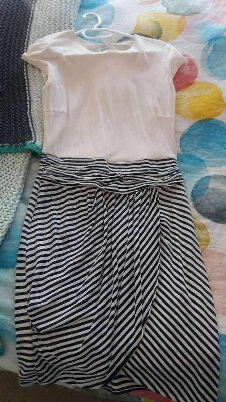 Mango suit dress twofer cream top with stripe skirt detail (lined ) size medium