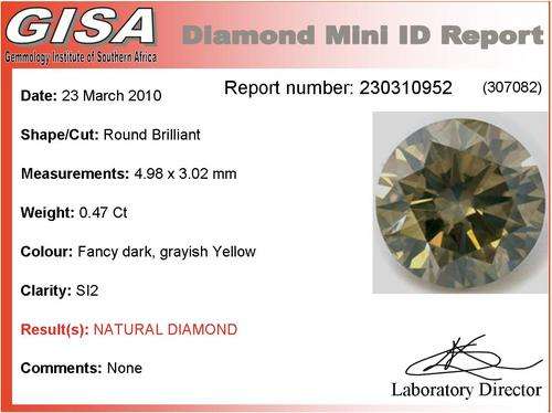 GISA Certified 0.47ct Fancy Dark Grayish Yellow S I2 Natural Diamond
