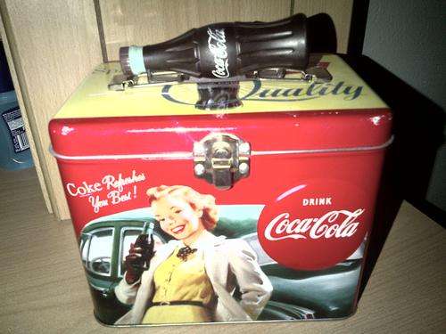 Coca Cola tin with Coke bottle handle